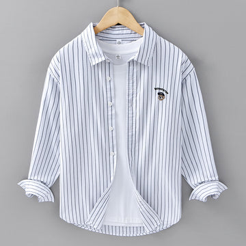 Casual Embroidered Striped Shirt Men's Clothing Simple All-match Japanese Style Spring And Autumn Cotton Long-sleeved Shirt Men's Trendy C11